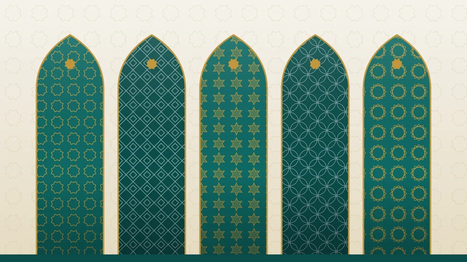 خمسة أقواس إسلامية مدببة يملأ كل منها نقش هندسي مختلف